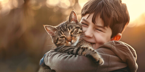 smiling boy hug his tabby cat in arms, generative AI
