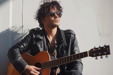 Obraz premium Stylish young man with sunglasses playing guitar, white wall background, Concept of music passion and urban lifestyle