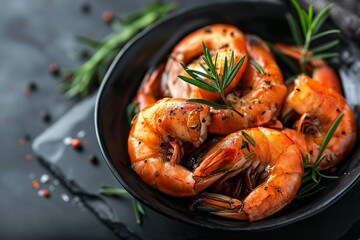 Grilled shrimp in a bowl with herbs, seasoned seafood ready to enjoy, Concept of gourmet delicacies and fine dining