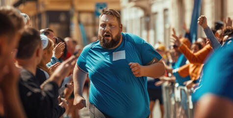 Exaggeratedly fat man running in a blue t-shirt, front view closeup of his face with a wide open mouth, full body photo, surrounded by other runners