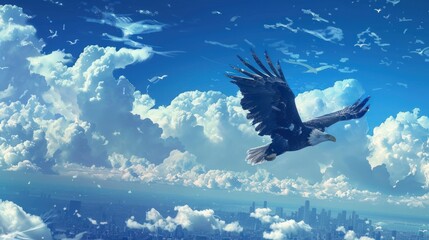 Digitally created landscape of eagles flying over urban areas, soaring high in the sky. Urban Landscape, Eagle, Sky, Digital Art Concept.