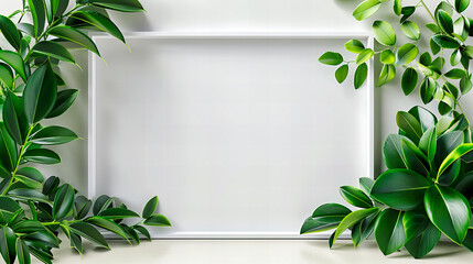 Elegant Frame with Green Leaves on White Background, Perfect for Modern, Nature-Inspired Interior Design