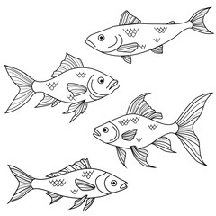 Set of vector different fish. Cute sea fishes. Doodle line art, decorative, stylized illustrations. Ocean or lake animal symbols and emblems. Outline. Hand drawing. Coloring book.