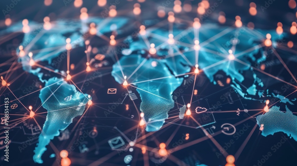 Wall mural global network connection through planet earth. global network connection, and technology background