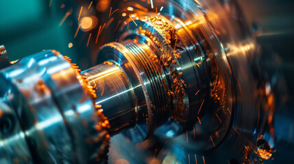 An upclose photograph of a spindle equipped with advanced ting tools rotating rapidly as it carves intricate shapes and patterns into a metal workpiece. The hightech mechanics