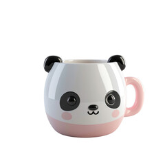 Charming coffee mug designed as a cute panda holding cappuccino, side view, created in 3D Digital Art using soft pastel colors.