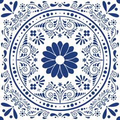 Discover the beauty of Talavera de Puebla. Ethnic folk ceramic tile in Talavera style with navy blue floral ornament. Seamless pattern, traditional Portuguese, Mexican and Spanish decoration. 