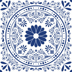 Discover the beauty of Talavera de Puebla. Ethnic folk ceramic tile in Talavera style with navy blue floral ornament. Seamless pattern, traditional Portuguese, Mexican and Spanish decoration. 