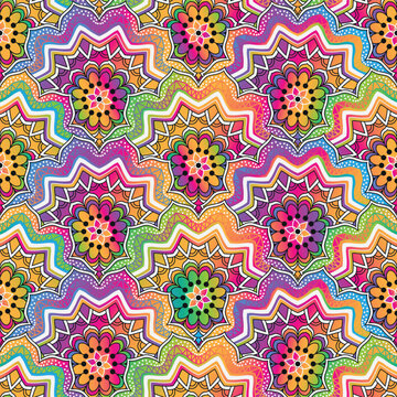 Vector vintage hand drawn colorful seamless pattern with rainbow gradient mandalas