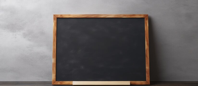 A rectangular blackboard with a wooden picture frame is displayed on a hardwood table. The wood stain complements the window and TV in the room