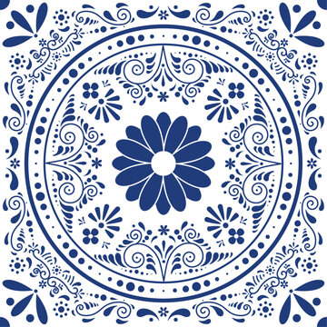 Discover the beauty of Talavera de Puebla. Ethnic folk ceramic tile in Talavera style with navy blue floral ornament. Seamless pattern, traditional Portuguese, Mexican and Spanish decoration. 