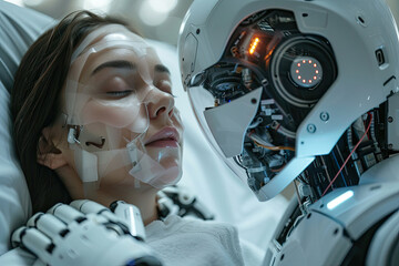 The android evaluates the condition of a sick girl lying in bed. Therapy of the future. - obrazy, fototapety, plakaty
