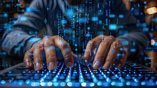 The hands of a programmer setting up a security system.