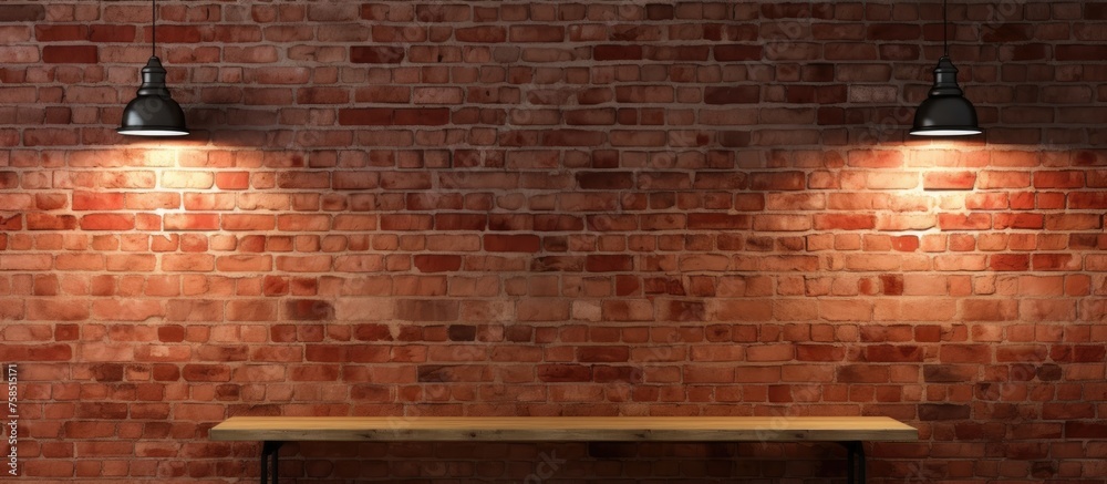 Sticker A brown hardwood shelf is placed against a brick wall, showcasing a beautiful contrast between the wood and brickwork building material