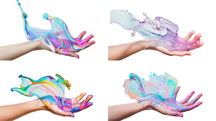 Collection of hand holding holographic acid wave on transparent background.