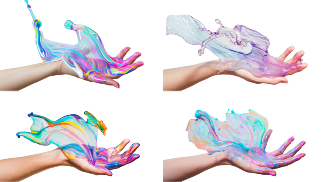 Collection of hand holding holographic acid wave on transparent background.