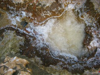 Close up view of salt crystals formed from sea water. Selective focus