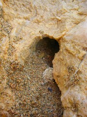 Close up of the hole in rock beige rocks and stone with sands at the beach
