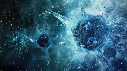 A frozen moment of a virus entering a cell stylized as a dramatic - obrazy, fototapety, plakaty