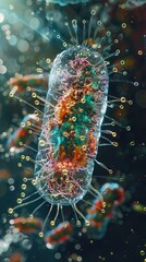 A conceptual image of a bacterial flagellum stylized as a powerful engine propelling a cell through unseen waters - obrazy, fototapety, plakaty