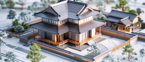 Isometric 3D CAD rendered Japanese house with traditional elements and landscaping - obrazy, fototapety, plakaty