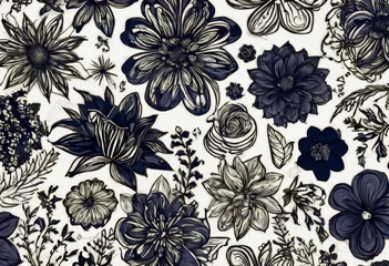 Fotobehang Dark Sketchy flowers white BLUE background design backdrop doodle doodle fabric flowers wallpapers vector Pattern seamless © mohamedwafi
