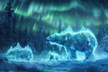 A frosty Arctic landscape illuminated by the aurora borealis with polar bears made of ice crystals - obrazy, fototapety, plakaty
