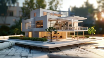 Architectural model of modern multi-story residence with transparent balconies and rooftop terrace - obrazy, fototapety, plakaty