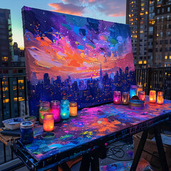 A canvas caught in a moment of transformation on a rooftop under the stars surrounded by jars of glowing paint