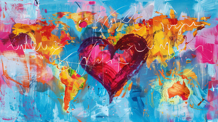 Vibrant world map with colorful heart and abstract heartbeat lines celebrating World Health Day. Background, backdrop, wallpaper.