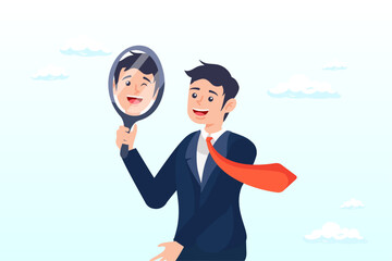 Businessman found himself from mirror thinking about self awareness, aware of different aspect of self, behaviours and feelings, psychology state of oneself becomes focus of attention (Vector)