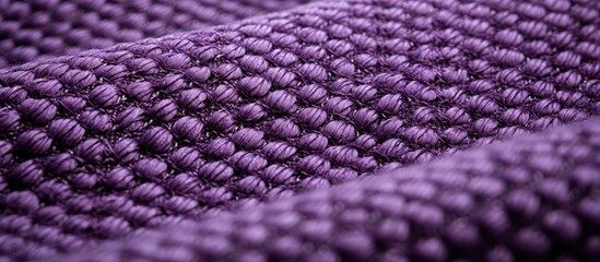 A closeup of a violet knitted fabric showcasing intricate stitch patterns in shades of purple, magenta, and electric blue. A creative arts masterpiece in wool