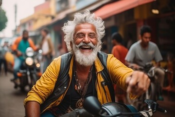 Fototapeta na wymiar Handsome Indian man riding a motorbike on the street in India