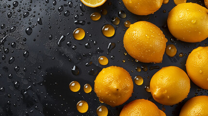 top views of fresh yrllow lemon fruits with visible water drops