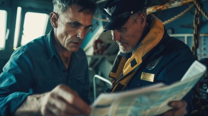 A captain and navigator confer over a nautical almanac with the captain pointing to a series of numbers while the navigator flips through pages. This vital publication contains