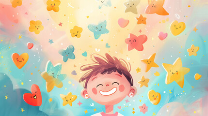 Obraz na płótnie Canvas A delighted child with whimsical shapes floating around in a dreamy scene, funny illustration