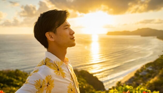 A man is moved as he watches the sunset over the ocean.