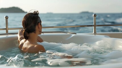 A lucky guest is treated to a unique spa experience onboard their private yacht as a hydrotherapy session takes place in the yachts private Jacuzzi. Surrounded by the gentle - obrazy, fototapety, plakaty
