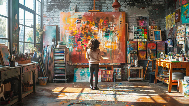 In a sun-drenched studio filled with an array of art supplies a focused child painter works on a canvas