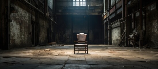 A wooden chair stands alone in the middle of a dimly lit room with hardwood flooring. The only window offers a view of the city skyline in the darkness