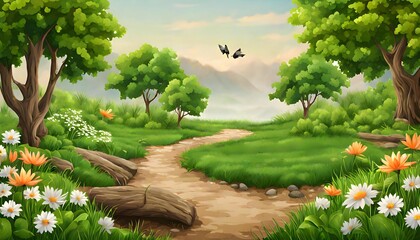 An animated path in lush green forest , trees and mountains view 