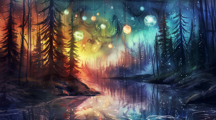 A painting of a forest with a river and a sky full of stars