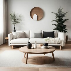 Elegant Scandinavian interior design with white sofa and round wood coffee table