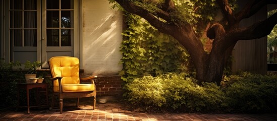 A yellow chair is placed in front of a wooden house, beside a tree, with a window and door. The...