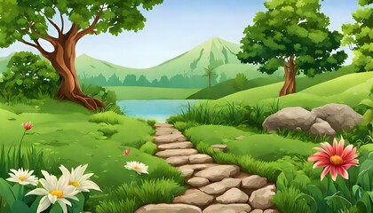 landscape with a lake and trees, animated path 