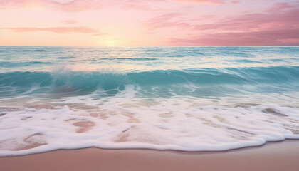 Calm and paradisiacal Caribbean beach during sunset. Sunny sea shore with foamy water and waves. Beautiful and serene beach in soft pastel pink and turquoise tones. Summertime and vacation concept.