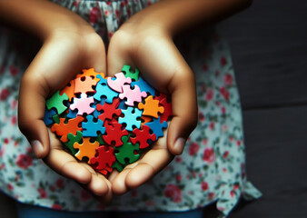 children's hands hold a multicolored brightly colored puzzle, Autism spectrum family support concept, World Autism Awareness Day