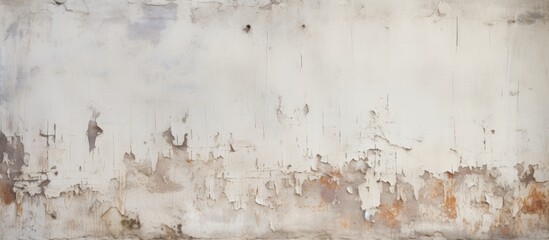 An artistic close up of a white building wall with peeling paint, against a cloudy sky backdrop....