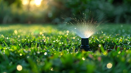 Automatic grass sprinkler with sunshine. With Generative AI - obrazy, fototapety, plakaty