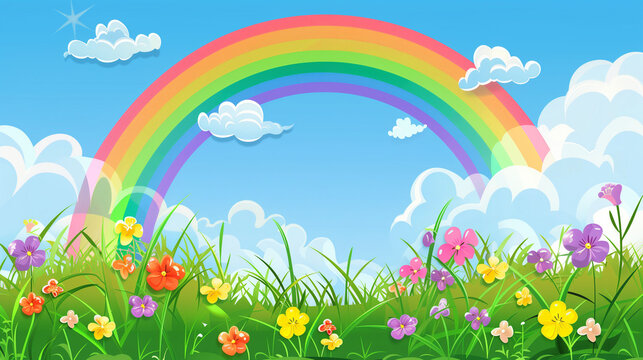 A rainbow arcs over a field of colorful flowers in the sky. Cartoon spring or summer mood background, copy space.
